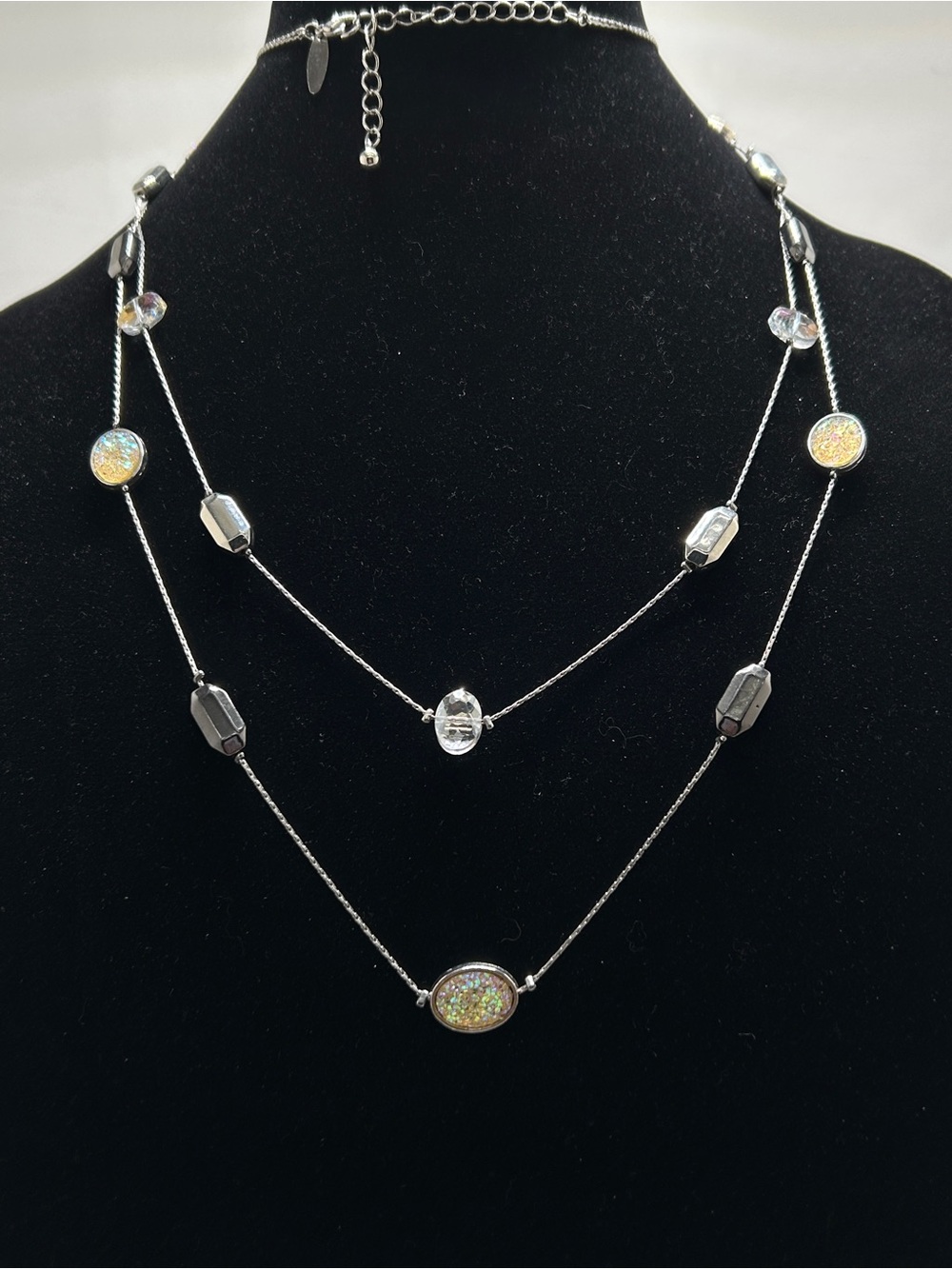 NY & Company, Silver Floating Long, Necklace, Double Strand, Crystals, Yellow